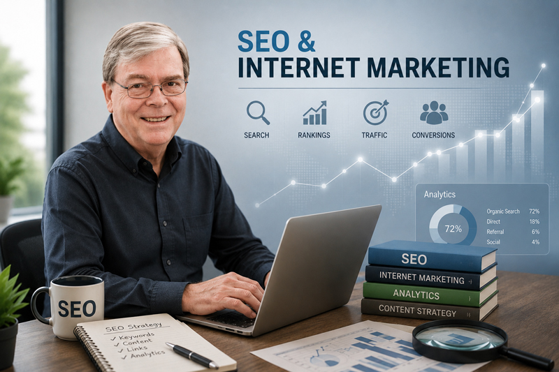 SEO-PA owner Nolan Noecker sitting at desk with an SEO and Internet Marketing themed background